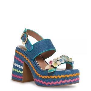 Betsey Johnson Blue Denim Platform Sandals with Multicolor Shell Embellishments